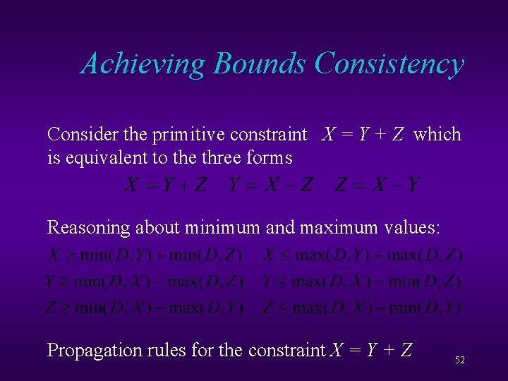 Achieving Bounds Consistency Consider the primitive constraint X = Y + Z which is