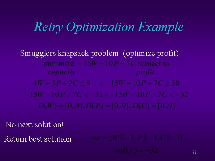 Retry Optimization Example Smugglers knapsack problem (optimize profit) First Next No next solution! found: