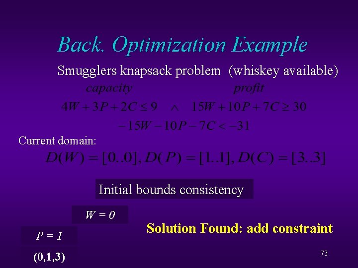 Back. Optimization Example Smugglers knapsack problem (whiskey available) Current domain: Initial bounds consistency W=0
