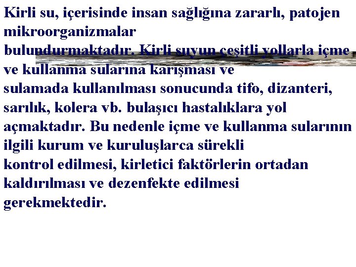 Kirli su, içerisinde insan sağlığına zararlı, patojen mikroorganizmalar bulundurmaktadır. Kirli suyun çeşitli yollarla içme