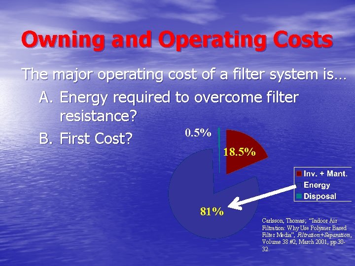 Owning and Operating Costs The major operating cost of a filter system is… A.