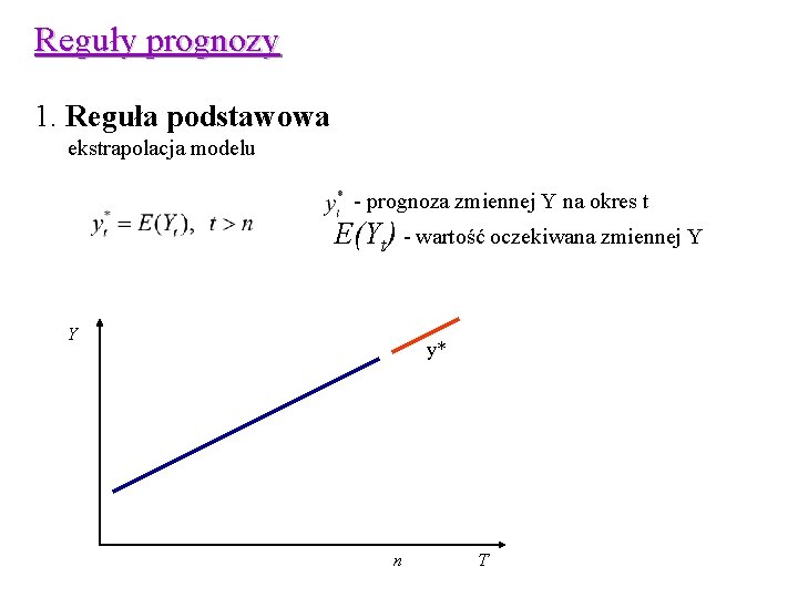 Reguły prognozy 1. Reguła podstawowa ekstrapolacja modelu - prognoza zmiennej Y na okres t