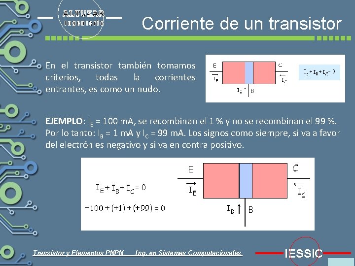 ALTUZAR Ingeniería Corriente de un transistor En el transistor también tomamos criterios, todas la