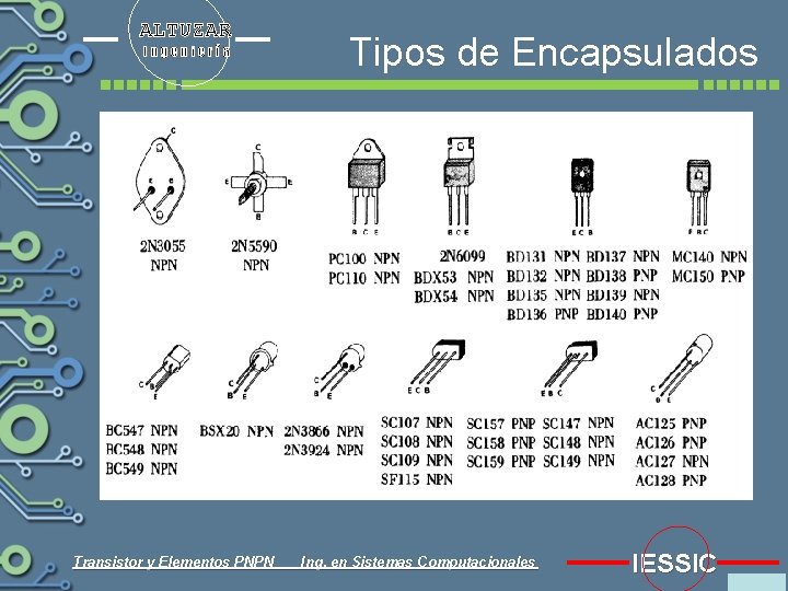 ALTUZAR Ingeniería Transistor y Elementos PNPN Tipos de Encapsulados Ing. en Sistemas Computacionales IESSIC