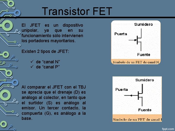 Transistor FET El JFET es un dispositivo unipolar, ya que en su funcionamiento sólo