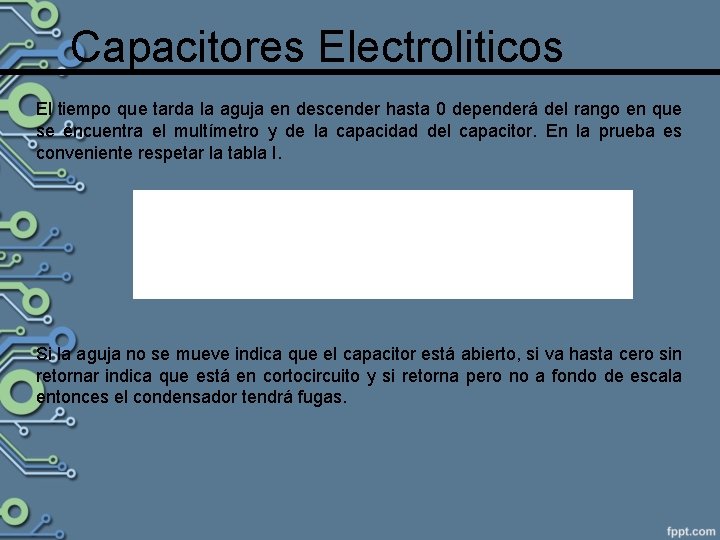 Capacitores Electroliticos El tiempo que tarda la aguja en descender hasta 0 dependerá del