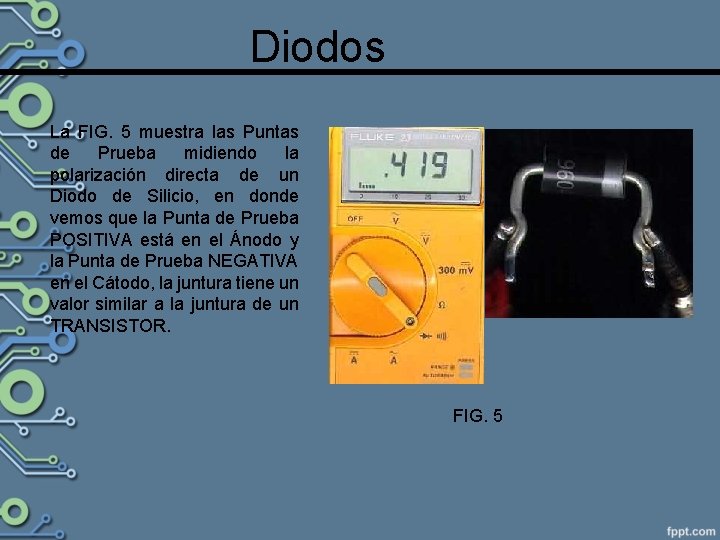 Diodos La FIG. 5 muestra las Puntas de Prueba midiendo la polarización directa de