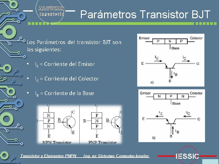 ALTUZAR Ingeniería Parámetros Transistor BJT Los Parámetros del transistor BJT son las siguientes: •