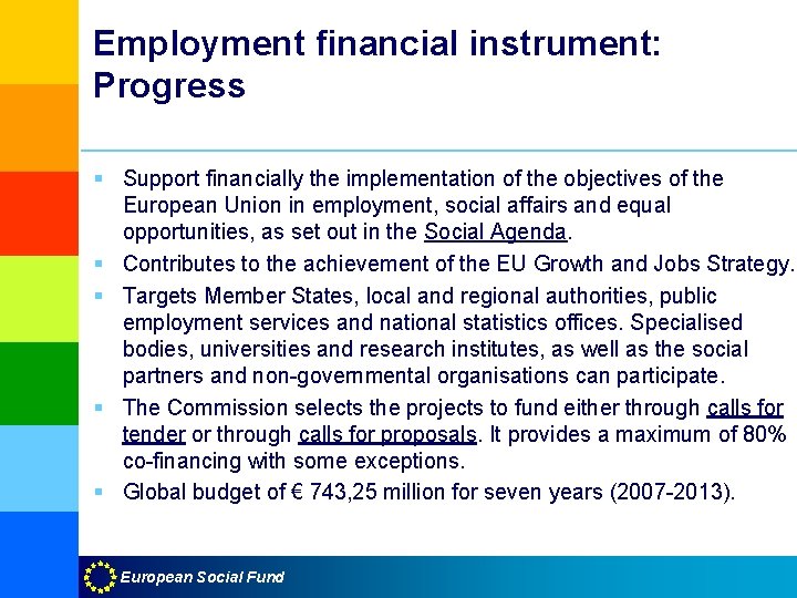 Employment financial instrument: Progress § Support financially the implementation of the objectives of the