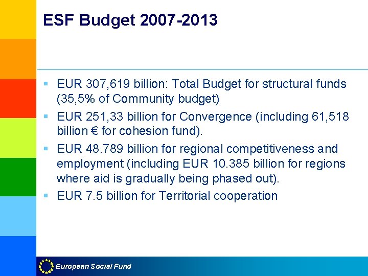ESF Budget 2007 -2013 § EUR 307, 619 billion: Total Budget for structural funds
