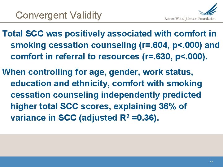 Convergent Validity Total SCC was positively associated with comfort in smoking cessation counseling (r=.
