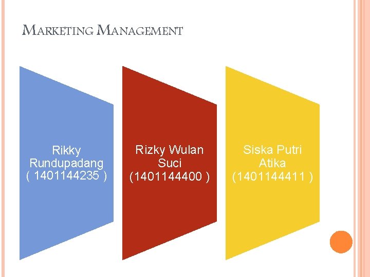 MARKETING MANAGEMENT Rikky Rundupadang ( 1401144235 ) Rizky Wulan Suci (1401144400 ) Siska Putri