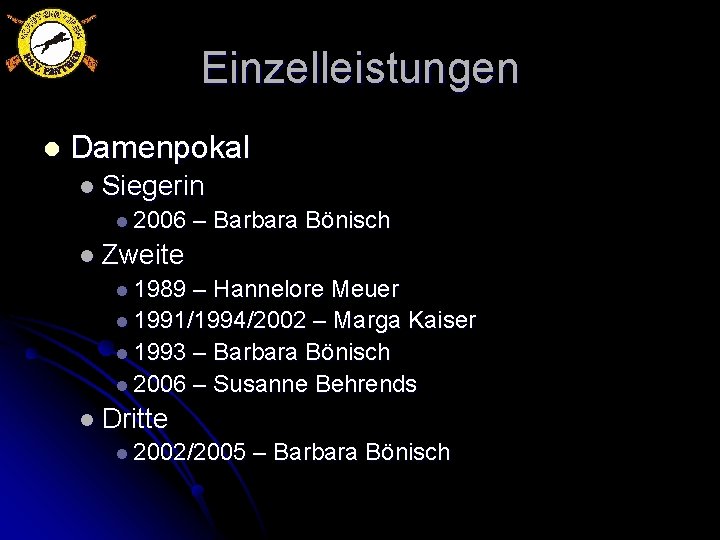 Einzelleistungen l Damenpokal l Siegerin l 2006 – Barbara Bönisch l Zweite l 1989