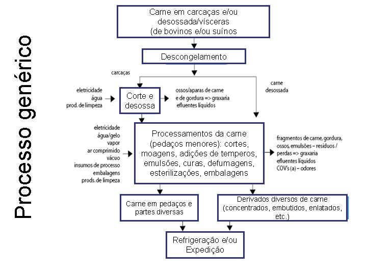 Processo genérico Carne em carcaças e/ou desossada/vísceras (de bovinos e/ou suínos Descongelamento Corte e