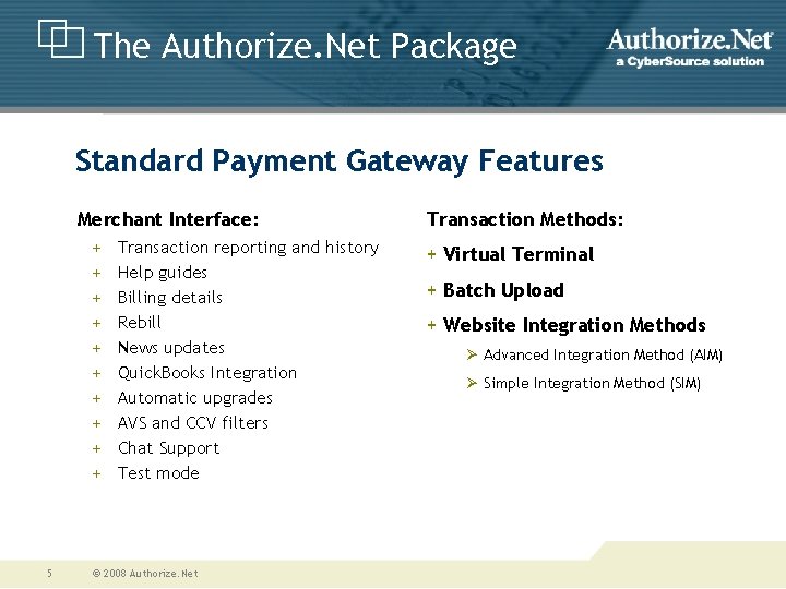 The Authorize. Net Package Standard Payment Gateway Features Merchant Interface: + + + +
