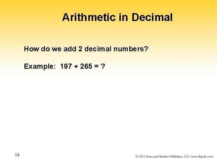 Arithmetic in Decimal How do we add 2 decimal numbers? Example: 197 + 265