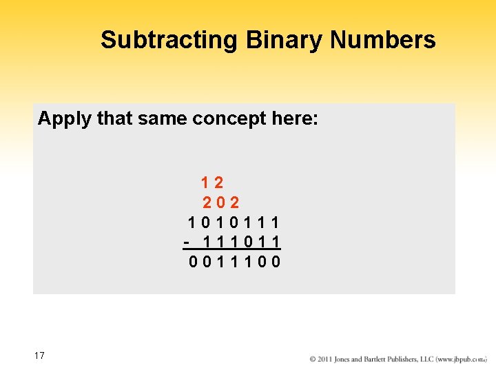 Subtracting Binary Numbers Apply that same concept here: 1 2 2 0 2 1