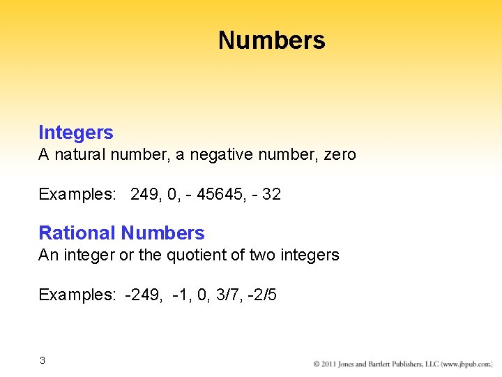 Numbers Integers A natural number, a negative number, zero Examples: 249, 0, - 45645,