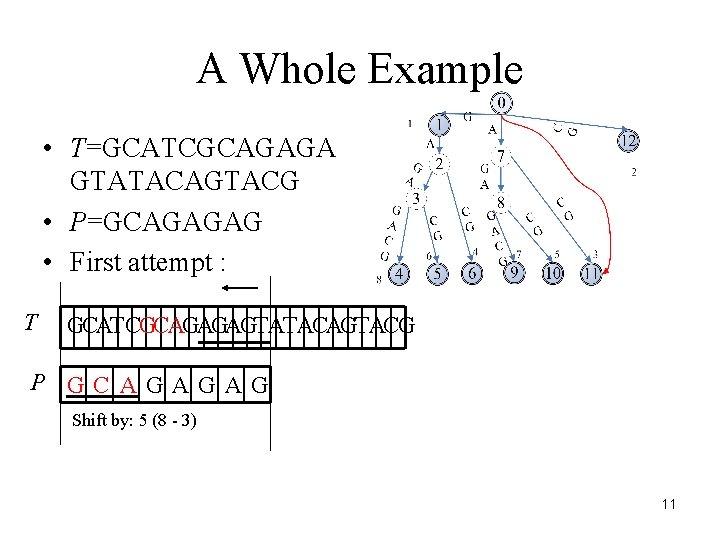 A Whole Example • T=GCATCGCAGAGA GTATACAGTACG • P=GCAGAGAG • First attempt : T GCATCGCAGAGAGTATACAGTACG