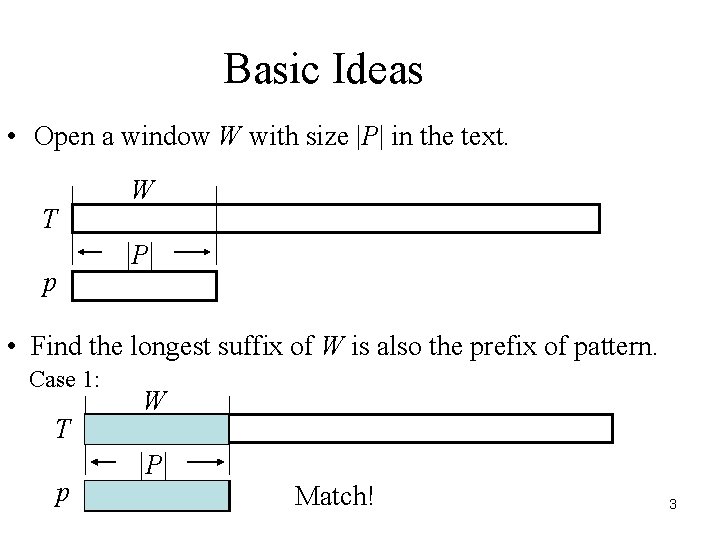 Basic Ideas • Open a window W with size |P| in the text. T