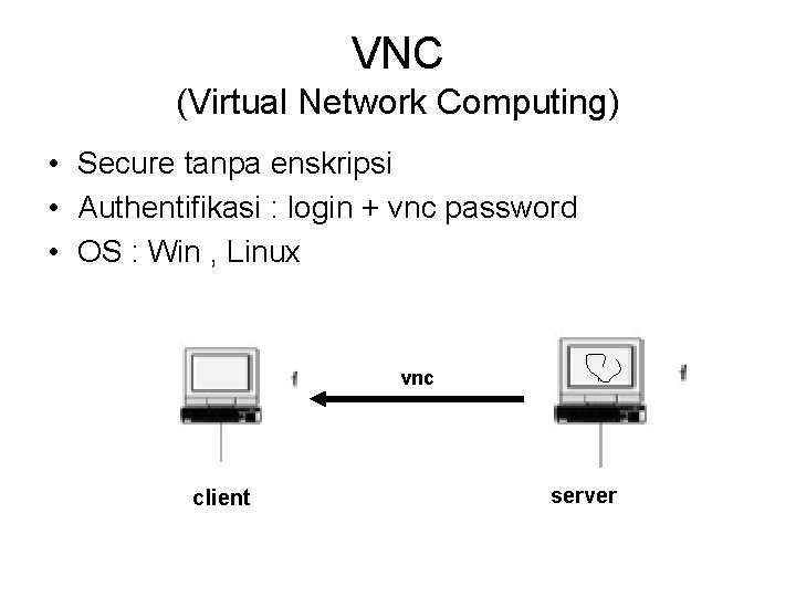 VNC (Virtual Network Computing) • Secure tanpa enskripsi • Authentifikasi : login + vnc