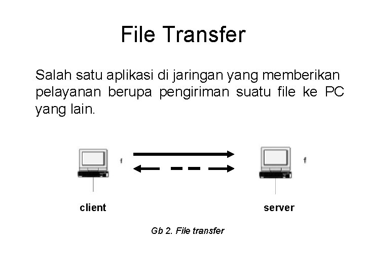 File Transfer Salah satu aplikasi di jaringan yang memberikan pelayanan berupa pengiriman suatu file