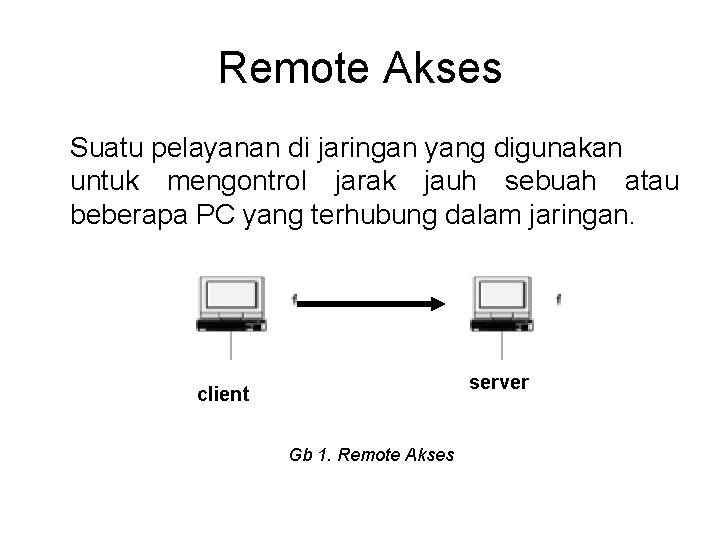 Remote Akses Suatu pelayanan di jaringan yang digunakan untuk mengontrol jarak jauh sebuah atau