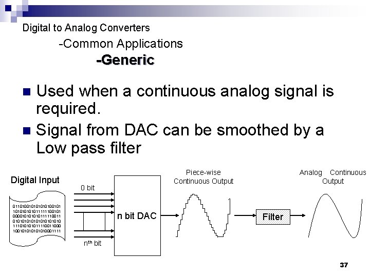 Digital to Analog Converters -Common Applications -Generic Used when a continuous analog signal is