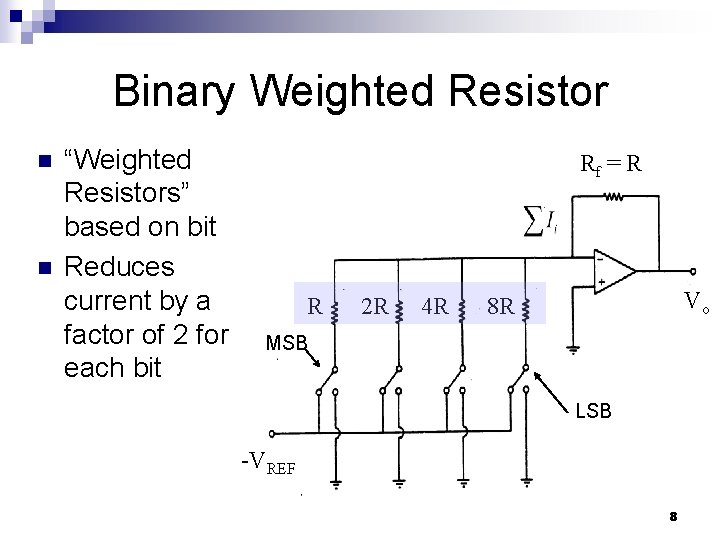 Binary Weighted Resistor n n “Weighted Resistors” based on bit Reduces current by a