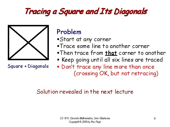 Tracing a Square and Its Diagonals Problem Square + Diagonals §Start at any corner
