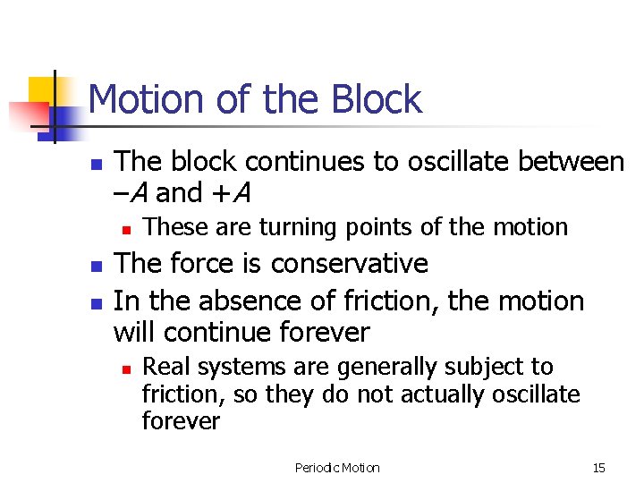 Motion of the Block n The block continues to oscillate between –A and +A Motion of the Block n The block continues to oscillate between –A and +A