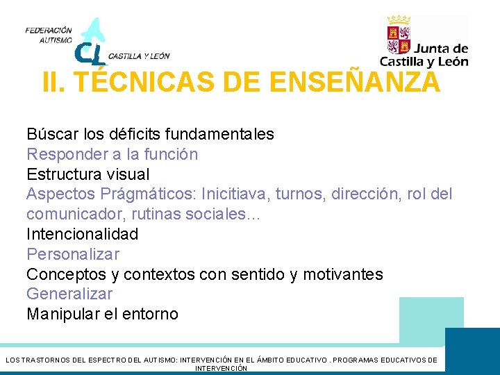 II. TÉCNICAS DE ENSEÑANZA Búscar los déficits fundamentales Responder a la función Estructura visual