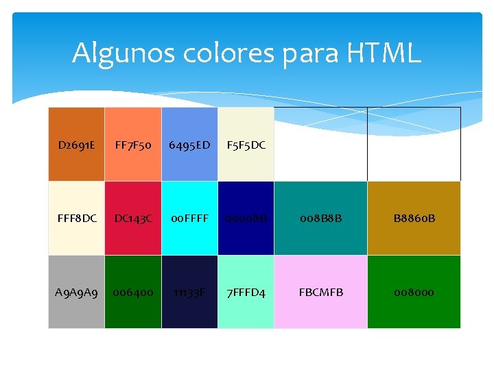 Algunos colores para HTML D 2691 E FF 7 F 50 6495 ED F