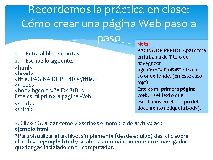 Recordemos la práctica en clase: Cómo crear una página Web paso a paso Nota: