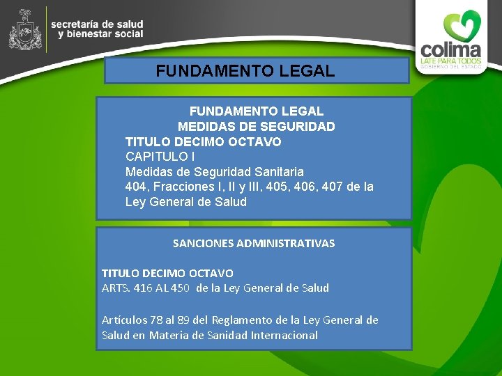 FUNDAMENTO LEGAL MEDIDAS DE SEGURIDAD TITULO DECIMO OCTAVO CAPITULO I Medidas de Seguridad Sanitaria