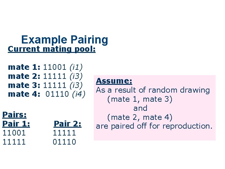 Example Pairing Current mating pool: mate Pairs: Pair 1: 11001 11111 1: 2: 3: