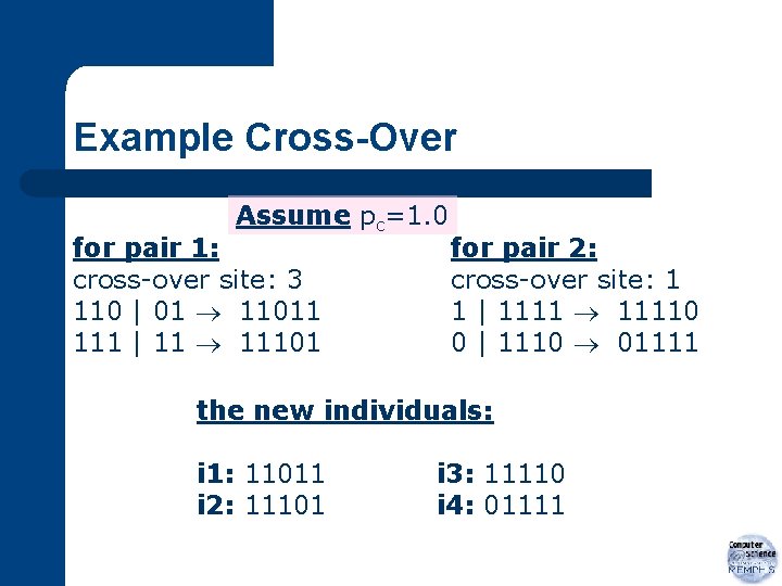 Example Cross-Over Assume pc=1. 0 for pair 1: cross-over site: 3 110 | 01