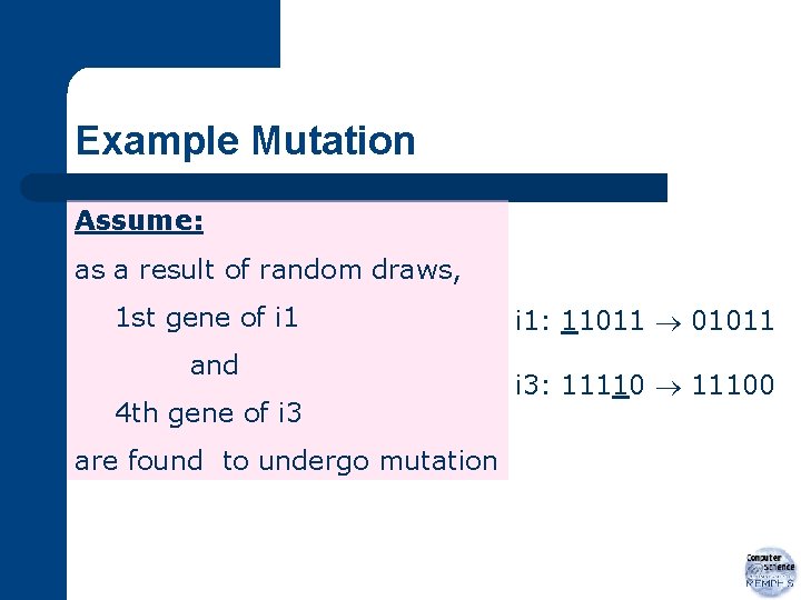 Example Mutation Assume: as a result of random draws, 1 st gene of i