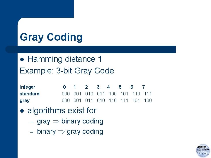 Gray Coding Hamming distance 1 Example: 3 -bit Gray Code l integer standard gray