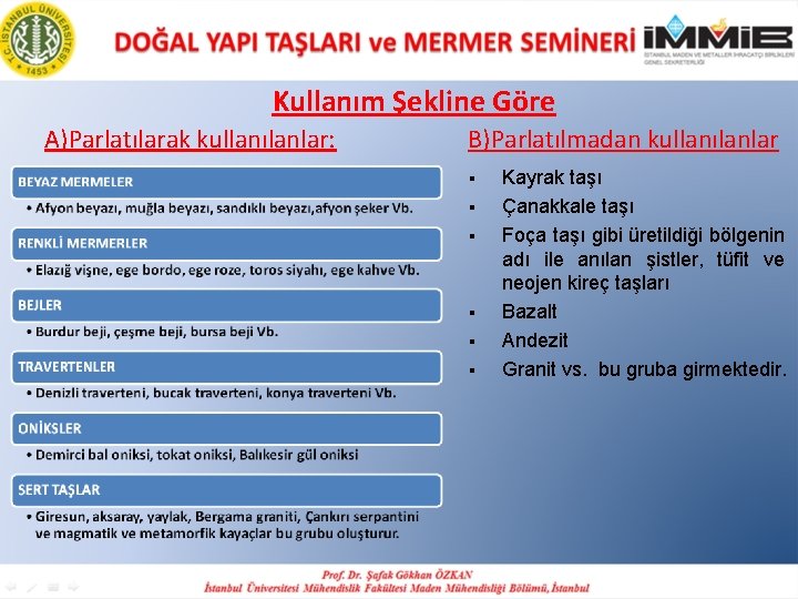 Kullanım Şekline Göre A)Parlatılarak kullanılanlar: B)Parlatılmadan kullanılanlar § § § Kayrak taşı Çanakkale taşı