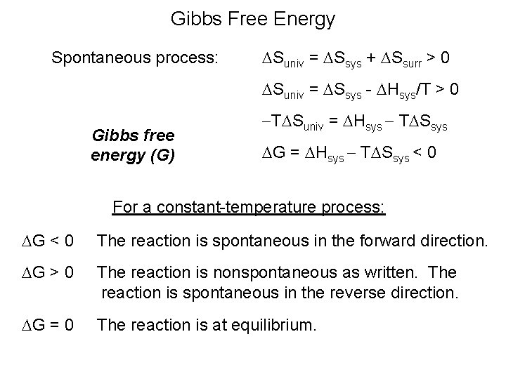 Gibbs Free Energy Spontaneous process: DSuniv = DSsys + DSsurr > 0 DSuniv = Gibbs Free Energy Spontaneous process: DSuniv = DSsys + DSsurr > 0 DSuniv =