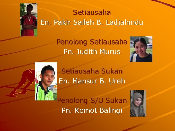 Setiausaha En. Pakir Salleh B. Ladjahindu Penolong Setiausaha Pn. Judith Murus Setiausaha Sukan En.