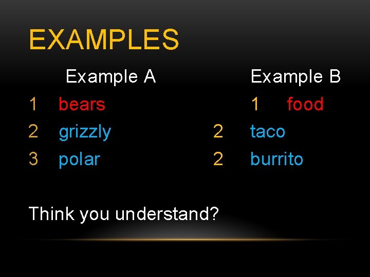 EXAMPLES 1 2 3 Example A bears grizzly polar 2 2 Think you understand?