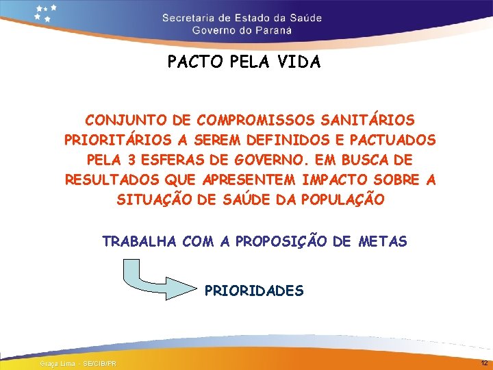 PACTO PELA VIDA CONJUNTO DE COMPROMISSOS SANITÁRIOS PRIORITÁRIOS A SEREM DEFINIDOS E PACTUADOS PELA