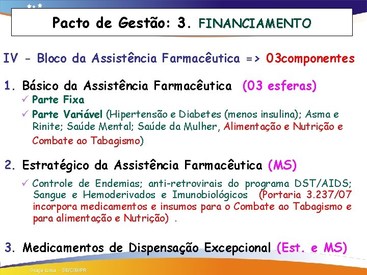 Pacto de Gestão: 3. FINANCIAMENTO IV - Bloco da Assistência Farmacêutica => 03 componentes