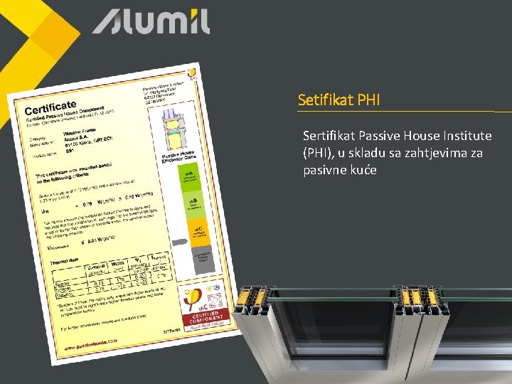 Setifikat PHI Sertifikat Passive House Institute (PHI), u skladu sa zahtjevima za pasivne kuće