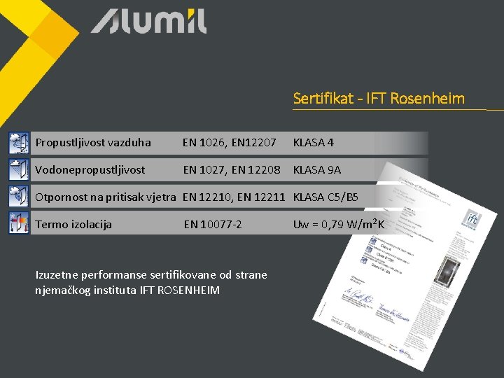 Sertifikat - IFT Rosenheim Propustljivost vazduha EN 1026, EN 12207 KLASA 4 Vodonepropustljivost EN