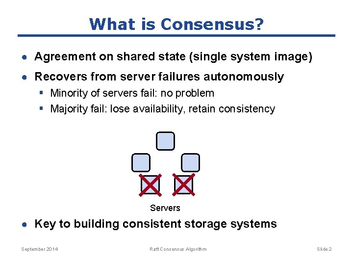 What is Consensus? ● Agreement on shared state (single system image) ● Recovers from