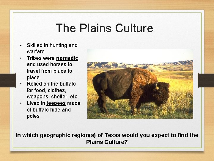 The Plains Culture • Skilled in hunting and warfare • Tribes were nomadic and