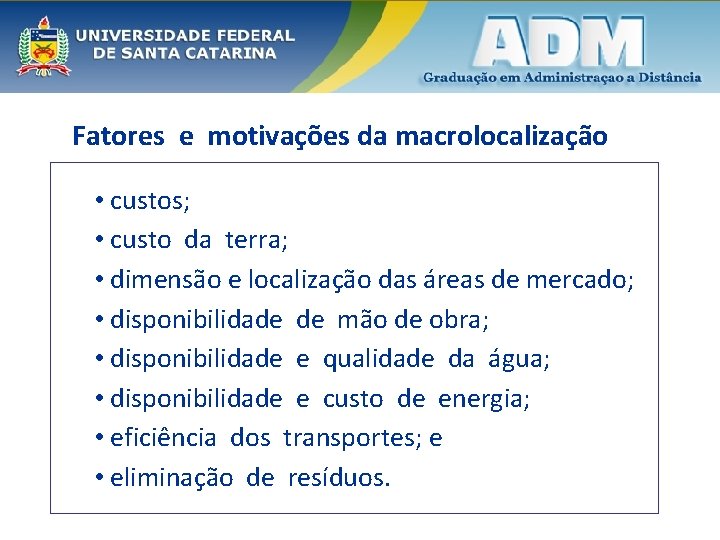 Fatores e motivações da macrolocalização • custos; • custo da terra; • dimensão e